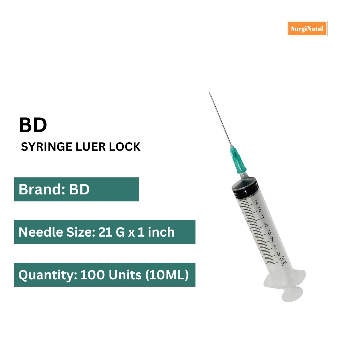 bd 10 ml syringe luer lock 21g*1 inch -100 pcs box
