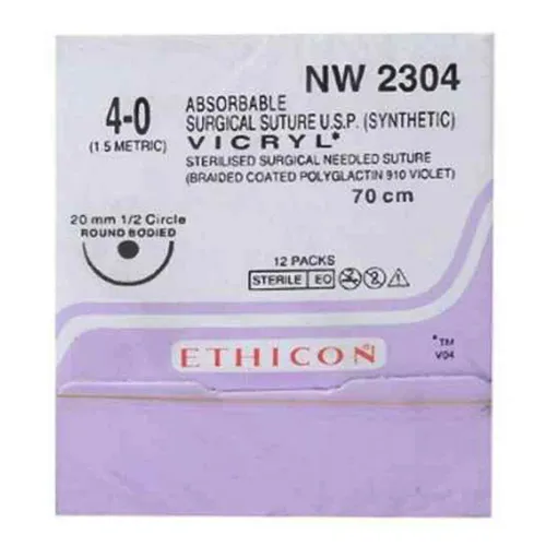 Ethicon Vicryl Sutures USP 4-0, 1/2 Circle Round Body - NW 2304