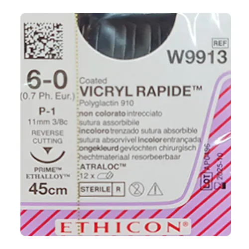 Ethicon Vicryl Rapide Sutures USP 6-0, 3/8 Circle Reverse Cutting Prime P-1 - W9913