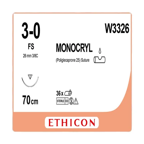 Ethicon Monocryl Sutures USP 3-0, 3/8 Circle Reverse Cutting - W3326 -12 Foils