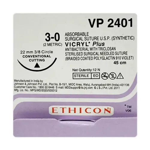 Ethicon Vicryl Plus Sutures USP 3-0, 3/8 Circle Cutting VP 2401