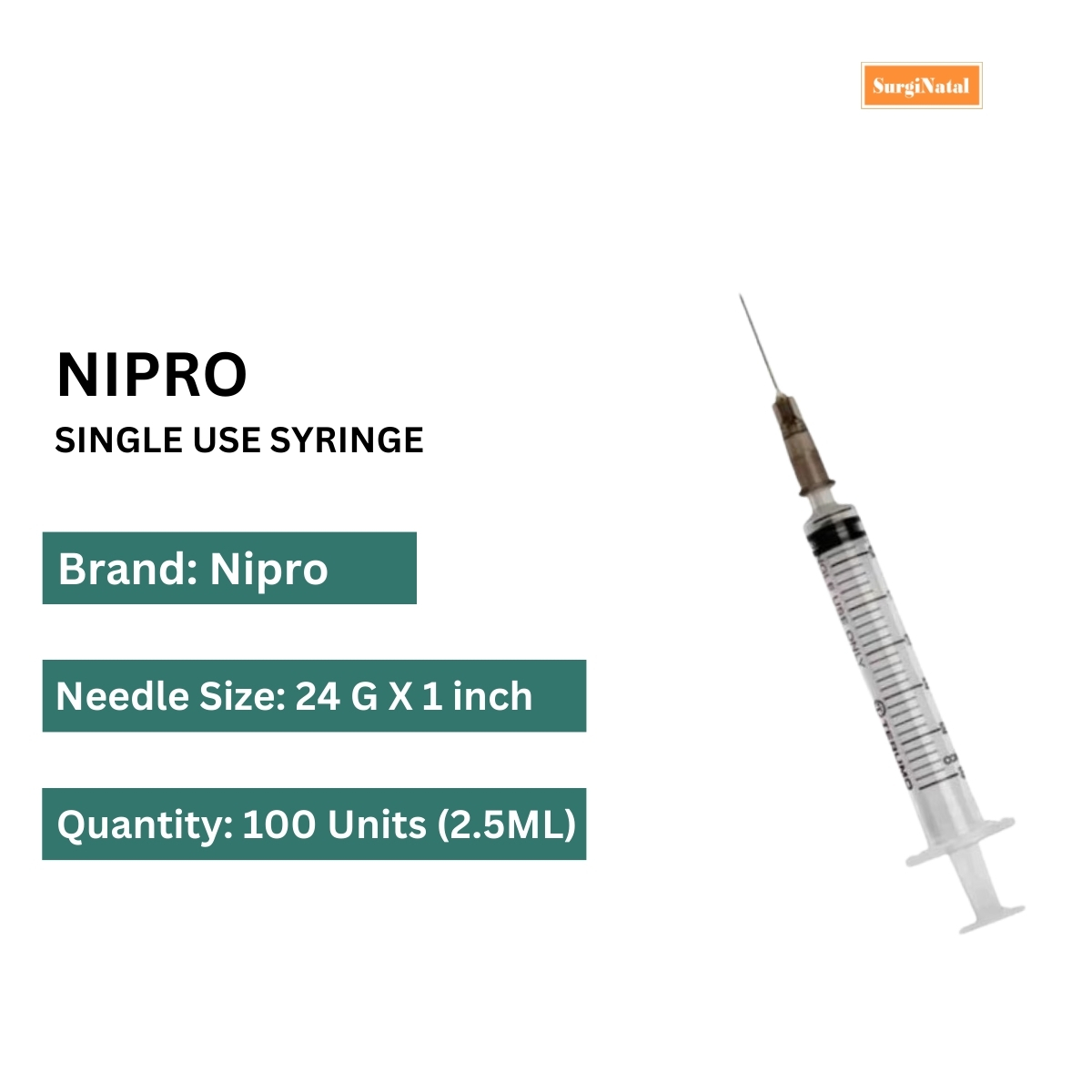 nipro syringe with needle  2.5ml 24g - 100 units pack