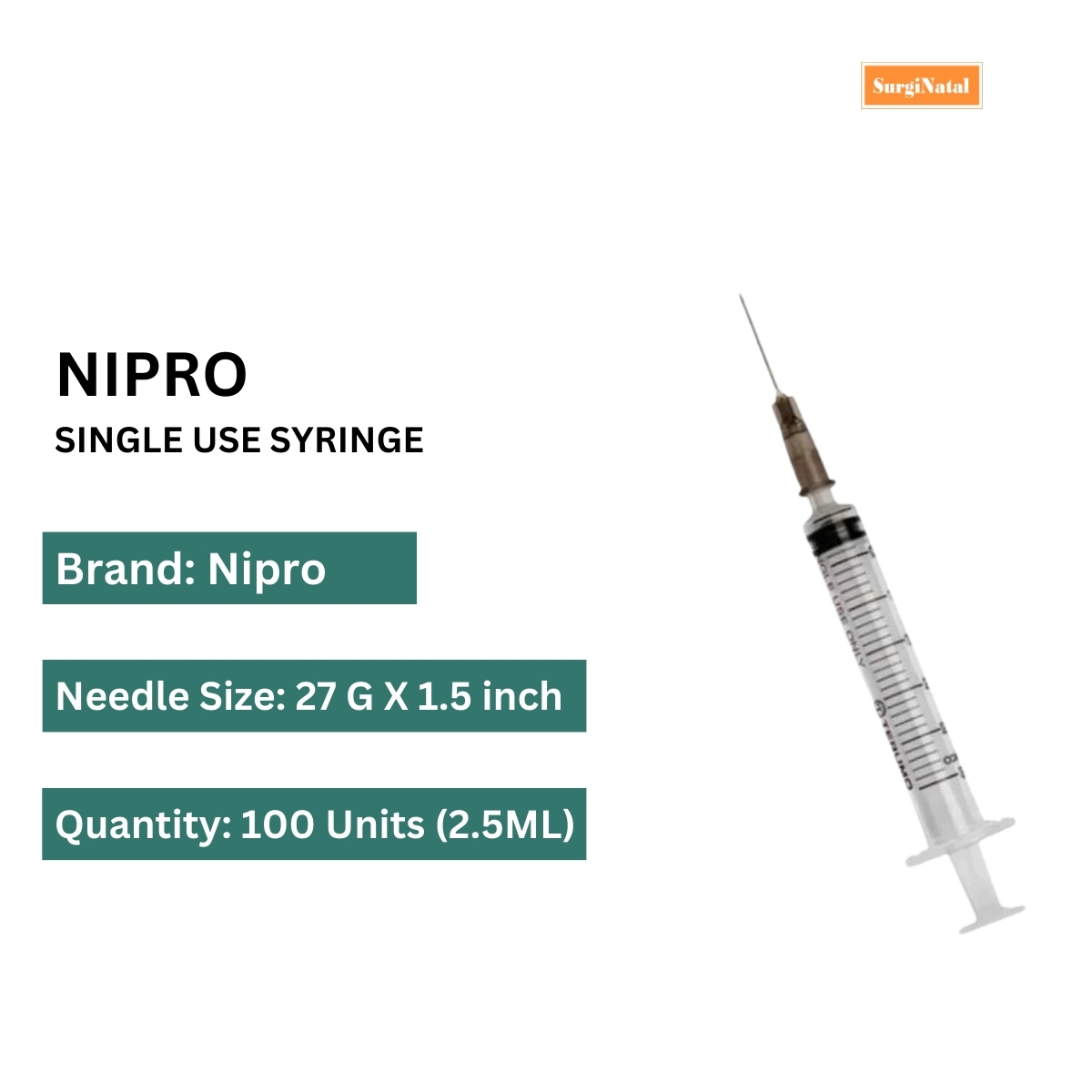 nipro syringe with needle 2.5ml 27g*1.5 inch - 100 units pack