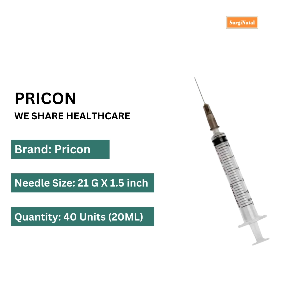 pricon 20ml syringe with needle - 40 units pack