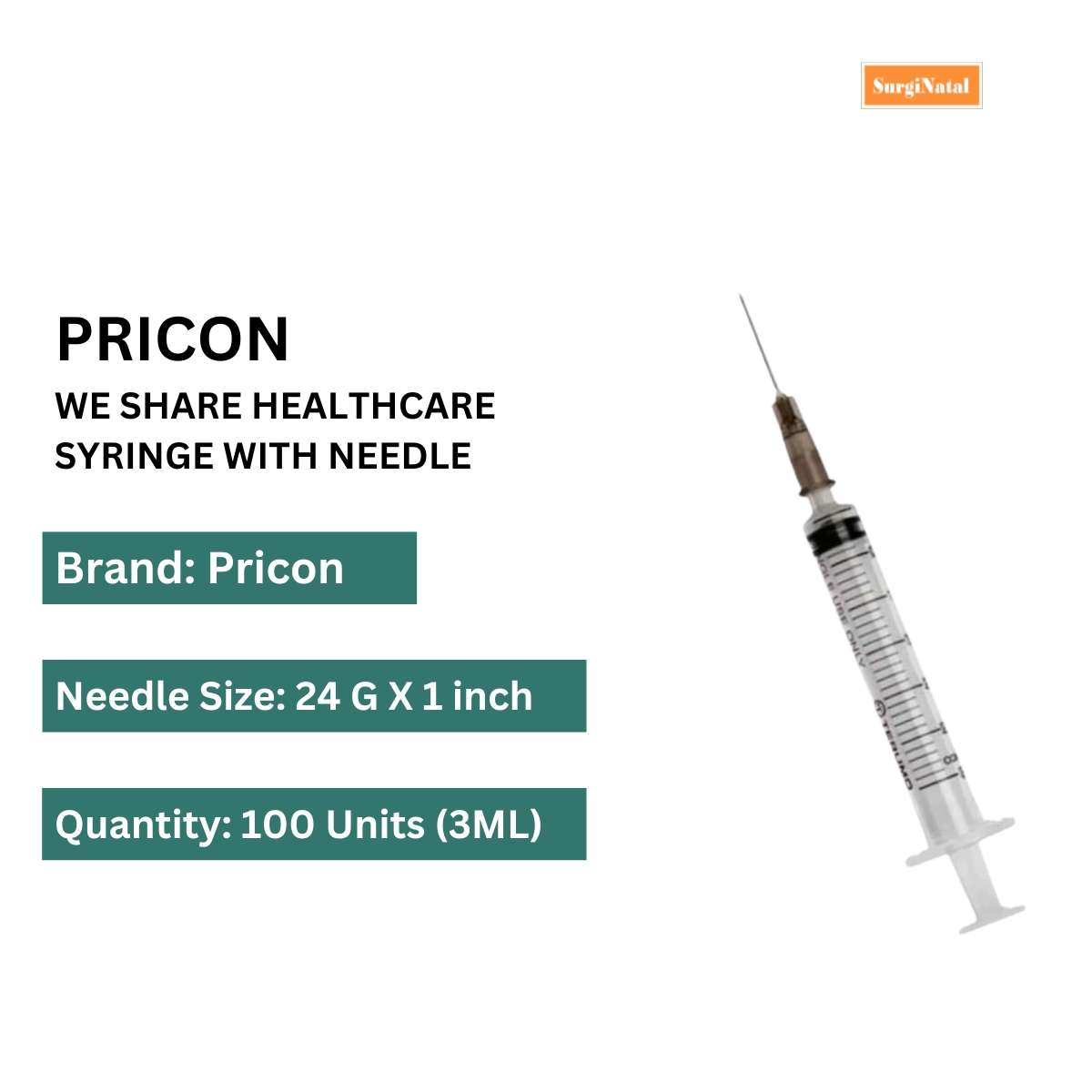 pricon 3ml syringe with needle - 100 units pack