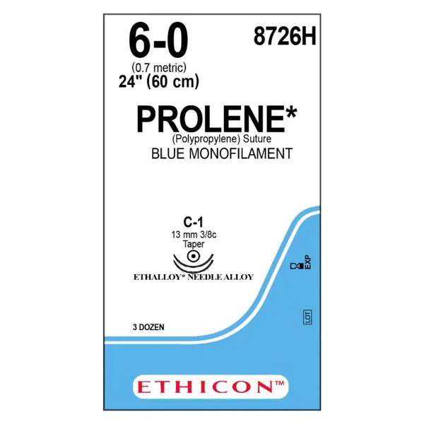 Ethicon Prolene Sutures USP 6-0, 3/8 Circle Taper Point C-1 Ethalloy Double Needle 8726H - 36 Foils
