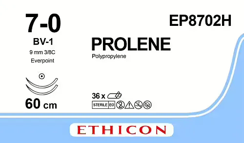 Ethicon Prolene Sutures USP 7-0, 3/8 Circle Taper Point BV-1 Double Needle EP8702H