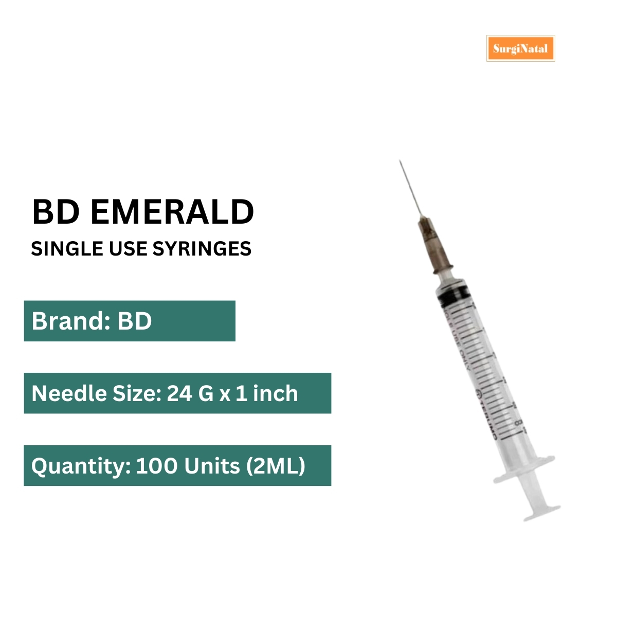 bd emerald 2ml syringe with needle 24g*1 inch -100 syringe box