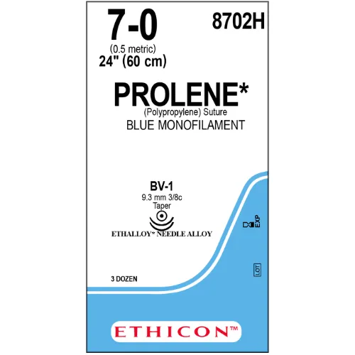 Ethicon Prolene Sutures USP 7-0, 3/8 Circle Taper Point BV-1 Ethalloy Double Needle 8702H - 36 Foils
