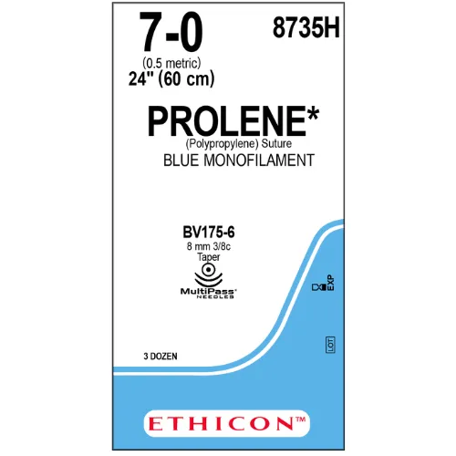 Ethicon Prolene Sutures USP 7-0, 3/8 Circle Taper Point BV175-6 Ethalloy Double Needle 8735H - 36 Foils