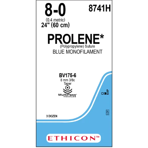 Ethicon Prolene Sutures USP 8-0, 3/8 Circle Taper Point BV 175-6 Ethalloy Double Needle 8741H - 36 Foils
