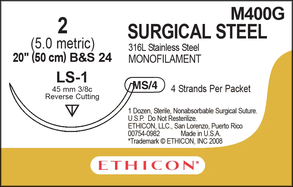 Ethicon Ethisteel Stainless Steel Sutures USP 2, 3/8 Circle Reverse Cutting LS-1 - M400G