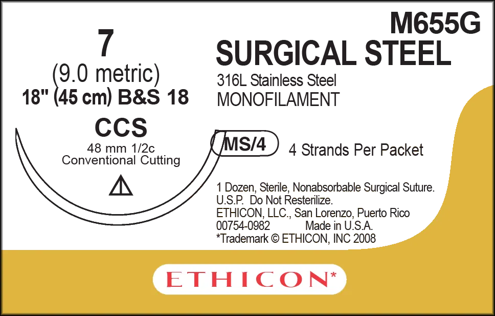 Ethicon Ethisteel Stainless Steel Sutures USP 7, 1/2 Circle Cutting CCS - M655G -12 Foils