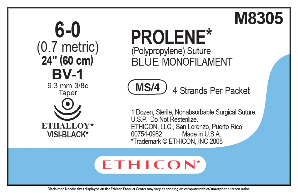 Ethicon Prolene Sutures USP 6-0, 3/8 Circle Round Body Visi-Black BV-1 Ethalloy Double Needle W8305