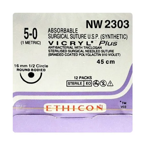 Ethicon Vicryl Sutures USP 5-0, 1/2 Circle Oval Round Body - NW2303P