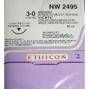 Ethicon Vicryl Sutures USP 3-0, 3/8 Circle Reverse Cutting - NW2495