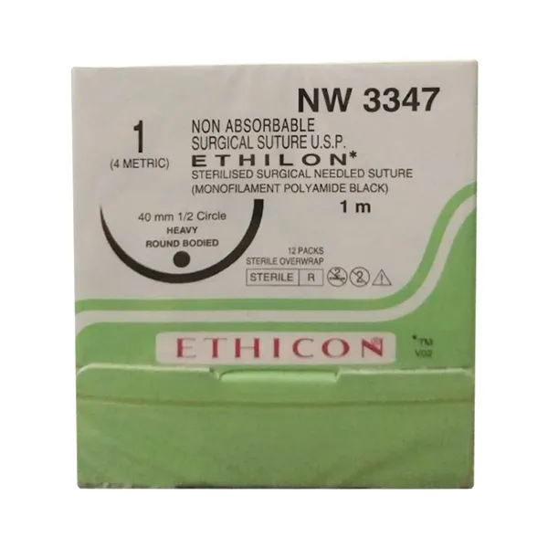 Ethicon Ethilon Sutures USP 1, 1/2 Circle Round Body Heavy NW3347