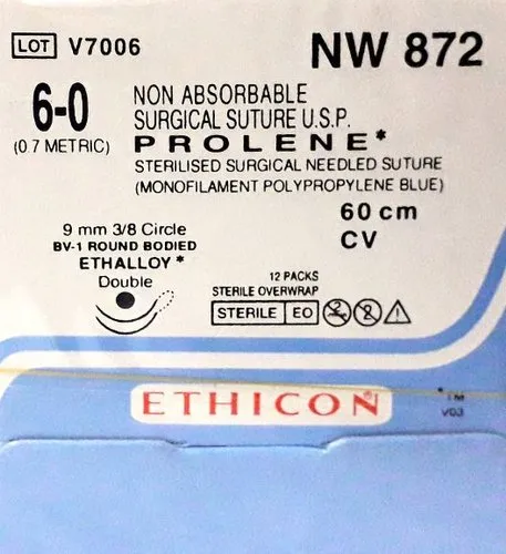 Ethicon Prolene Sutures USP 6-0, 3/8 Circle Round Body BV-1 Double Needle NW872