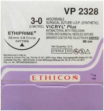 Ethicon Vicryl Sutures USP 3-0, 3/8 Circle Cutting Ethiprime - NW 2328