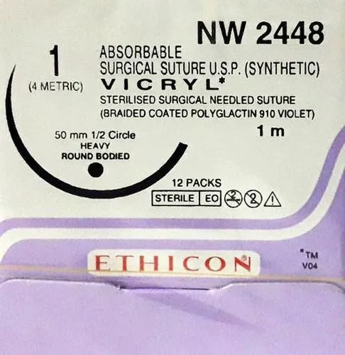 Ethicon Vicryl Sutures USP 1, 1/2 Circle Round Body Heavy - NW2448