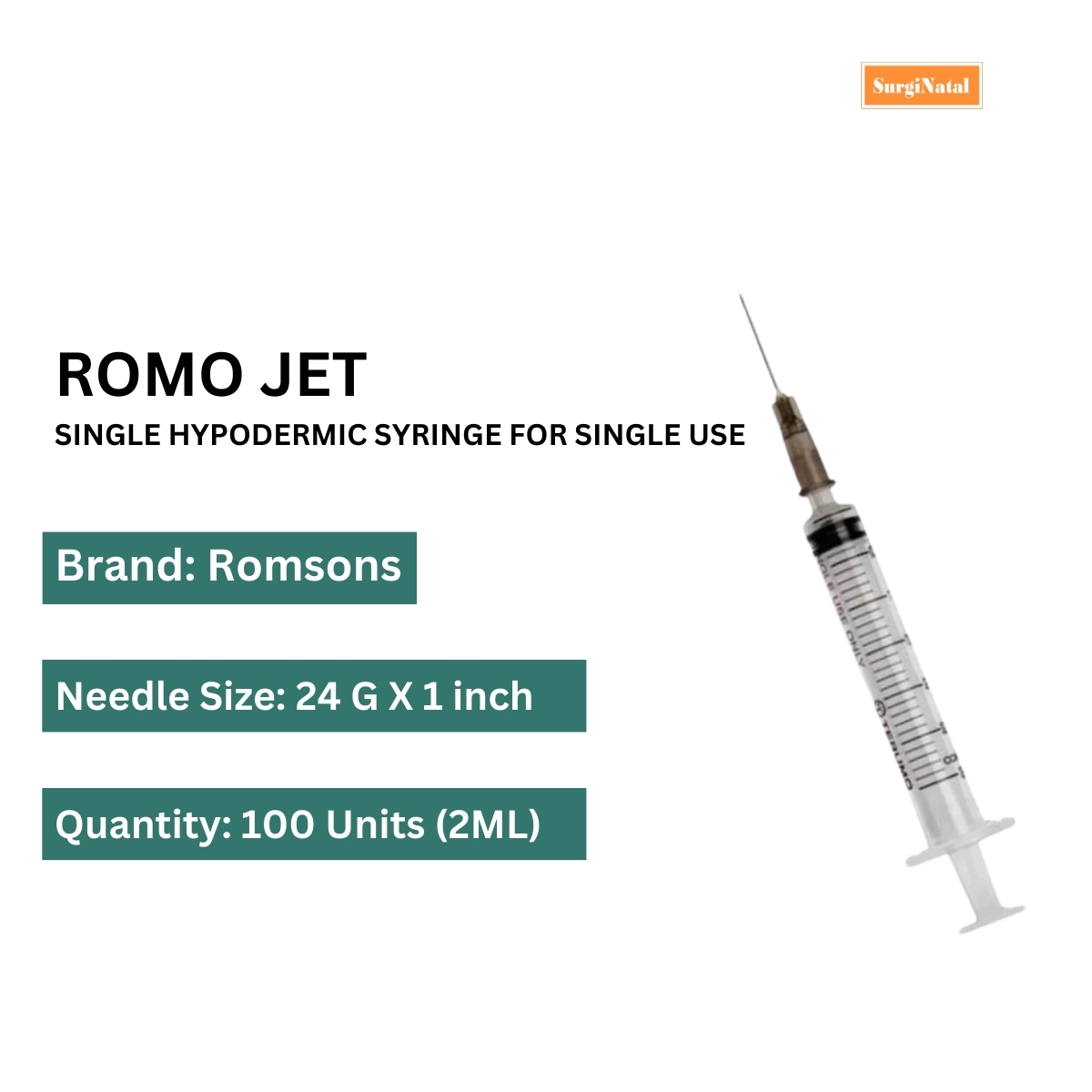 romsons romo jet syringe with 2ml needle - 100 units pack