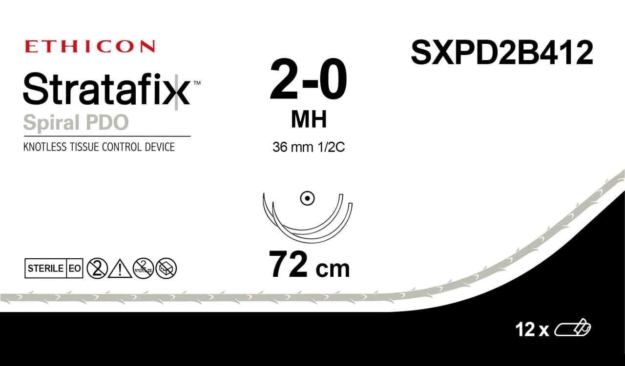 Ethicon STRATAFIX Spiral PDO Suture, Taper Point, Absorbable, MH 36mm 1/2 Circle, 36cm X 36cm Bidirectional - SXPD2B412