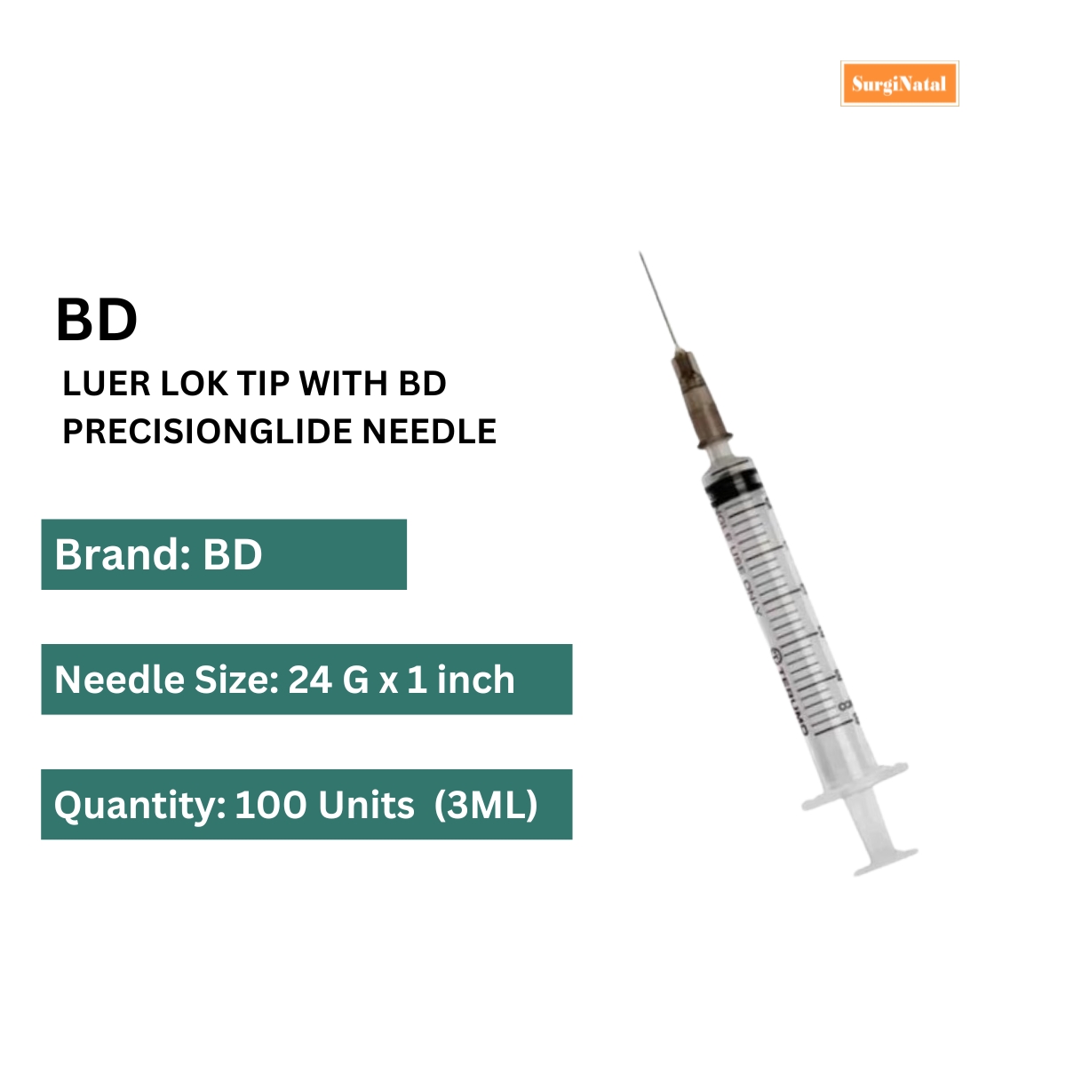 bd 3ml syringe luer lok tip with bd precisionglide needle -100 pcs box