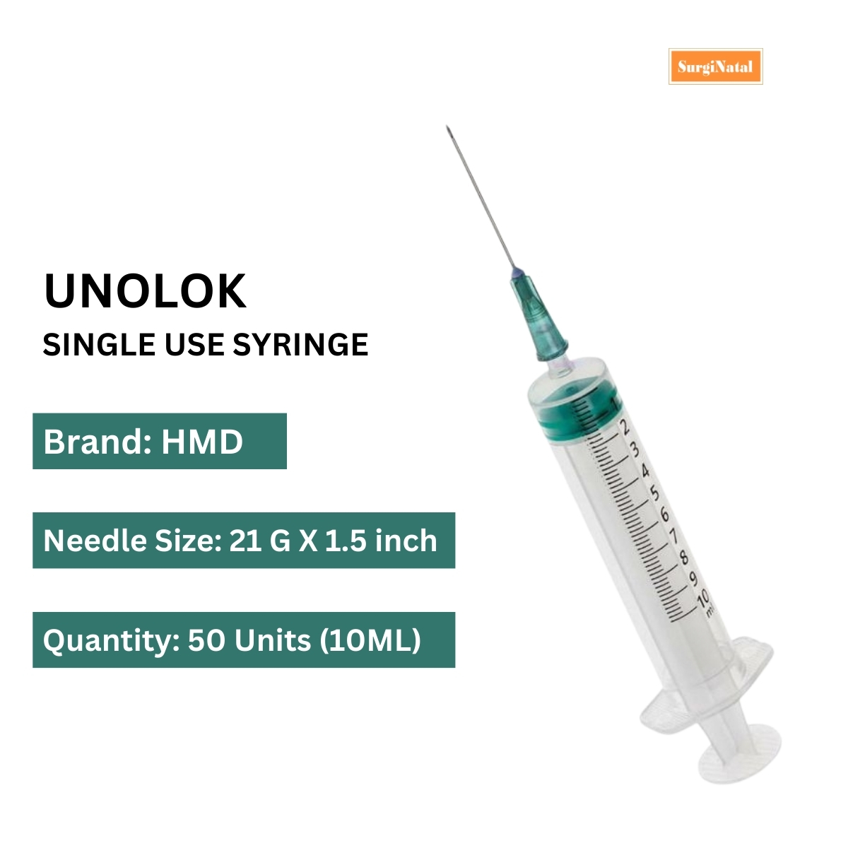unolok hmd luer lock syringe 10ml with 21g*1.5 inch needle - 50 units pack