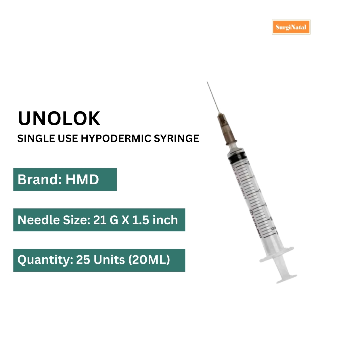 unolok syringe 20ml 21g*1.5 inch - 25 units pack