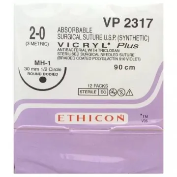 Ethicon Vicryl Plus Sutures USP 2-0, 1/2 Circle Round Body VP2317