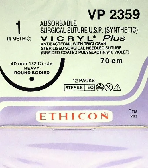 Ethicon Vicryl Plus Sutures USP 1, 1/2 Circle Round Body Heavy - VP 2359