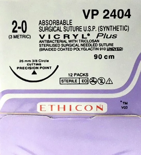 Vicryl Plus Sutures USP 2-0, 3/8 Circle Cutting - VP 2404