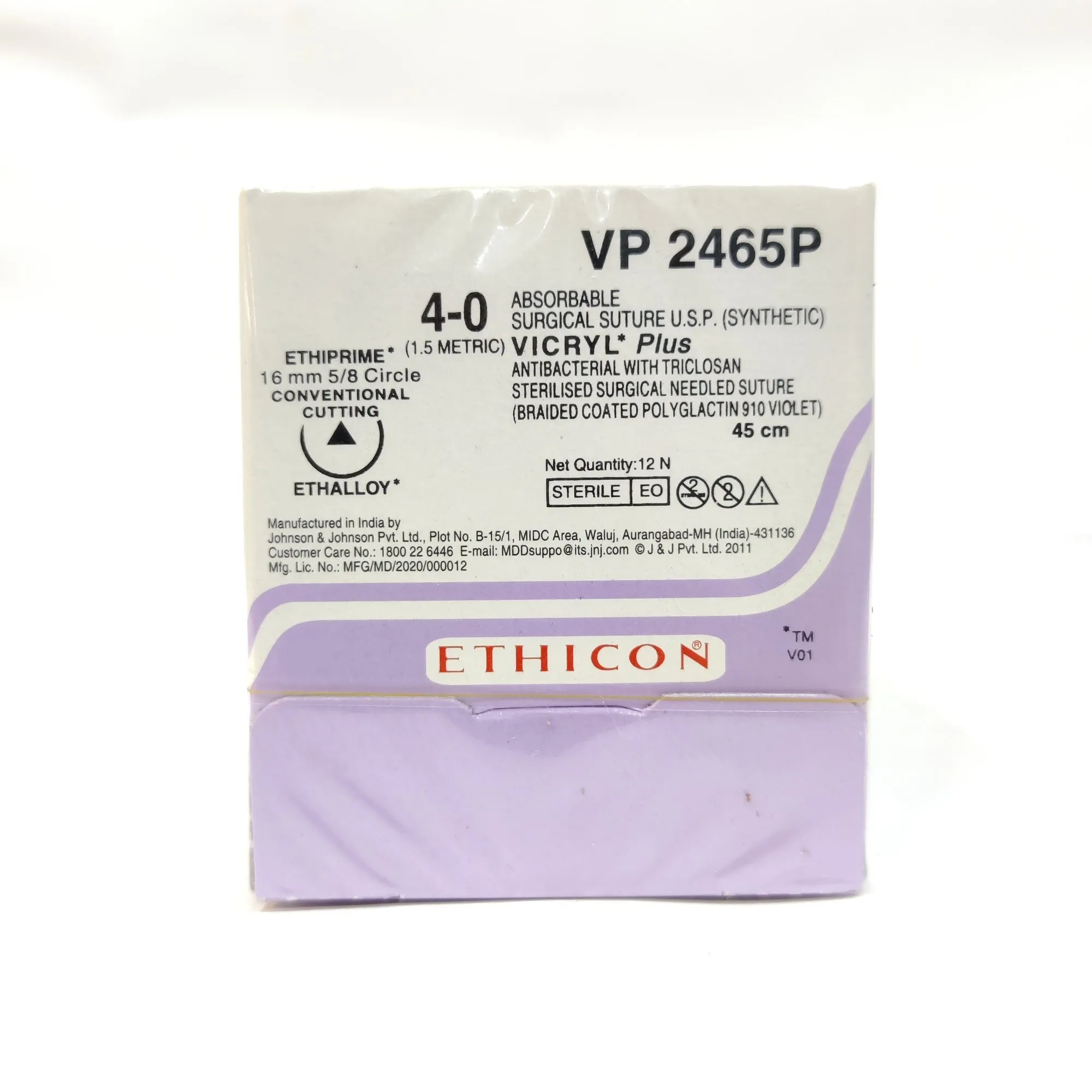 Ethicon Vicryl Plus Sutures USP 4-0, 5/8 Circle Cutting - VP 2465P
