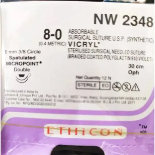 Vicryl Sutures USP 8-0, 3/8 Circle Spatulated Micropoint Double Needle NW2348