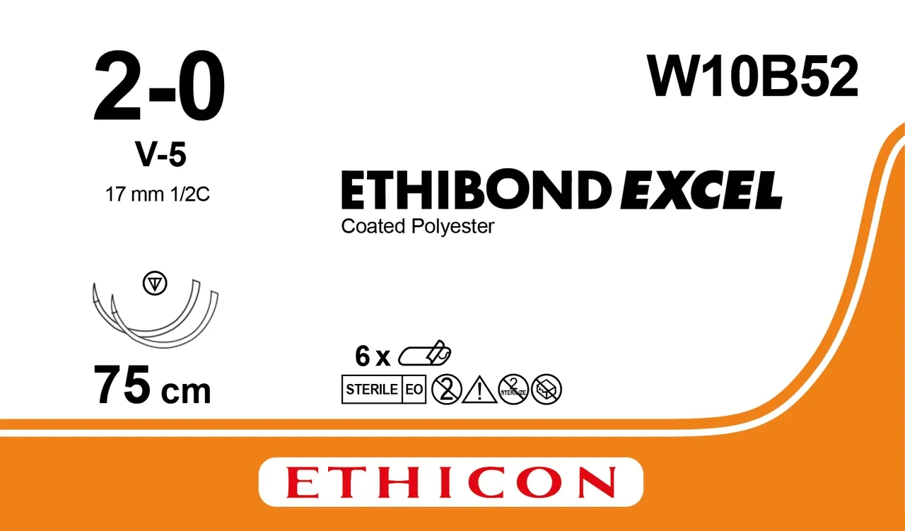 Ethicon Ethibond Sutures USP 2-0, 1/2 Circle Tapercut SX Ethalloy Double Needle - W10B52 - 12 foils