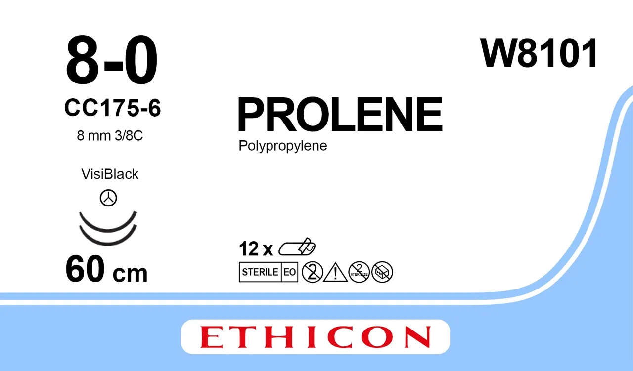 Ethicon Prolene Sutures USP 8-0, 3/8 Circle Visi-Black CC175-6 Double Needle W8101