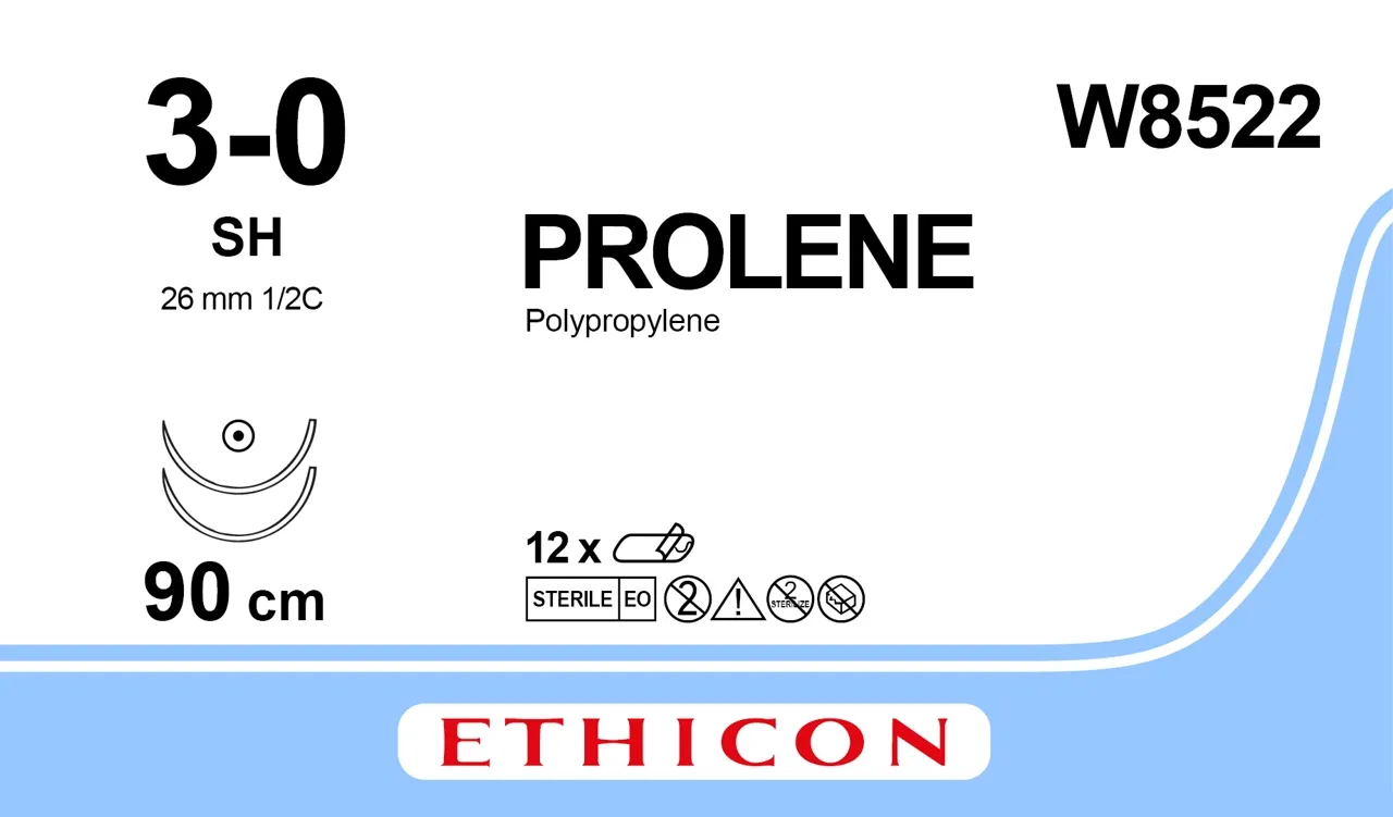 Ethicon Prolene Sutures USP 3-0, 1/2 Circle Round Body Double Needle W8522