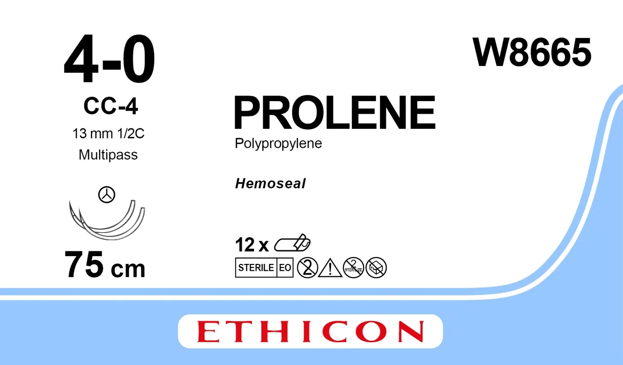 Ethicon Prolene Sutures USP 4-0, 1/2 Circle Round Body CC-4 Hemo-Seal MultiPass Double Needle W8665