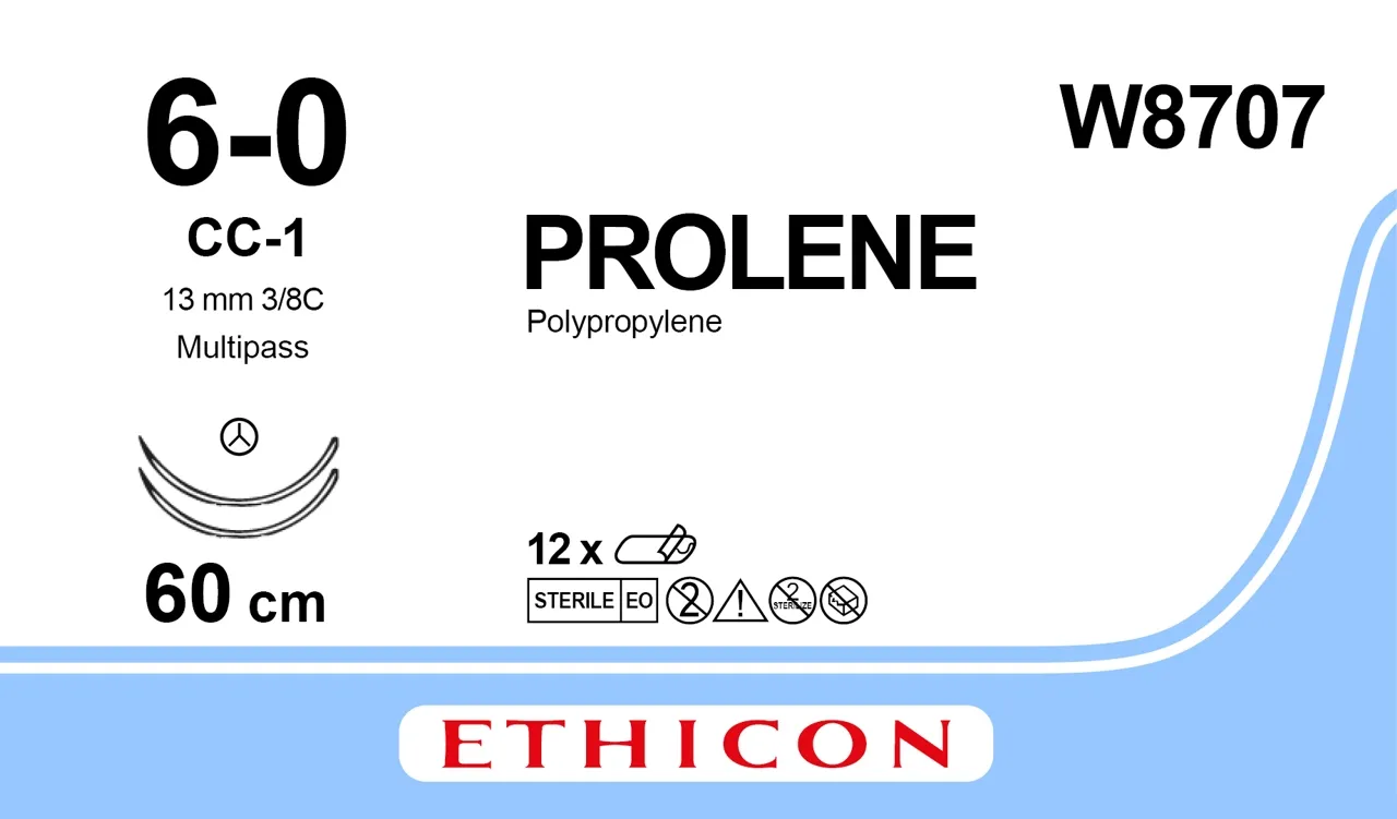 Ethicon Prolene Sutures USP 6-0, 3/8 Circle CC-1 MultiPass Double Needle W8707