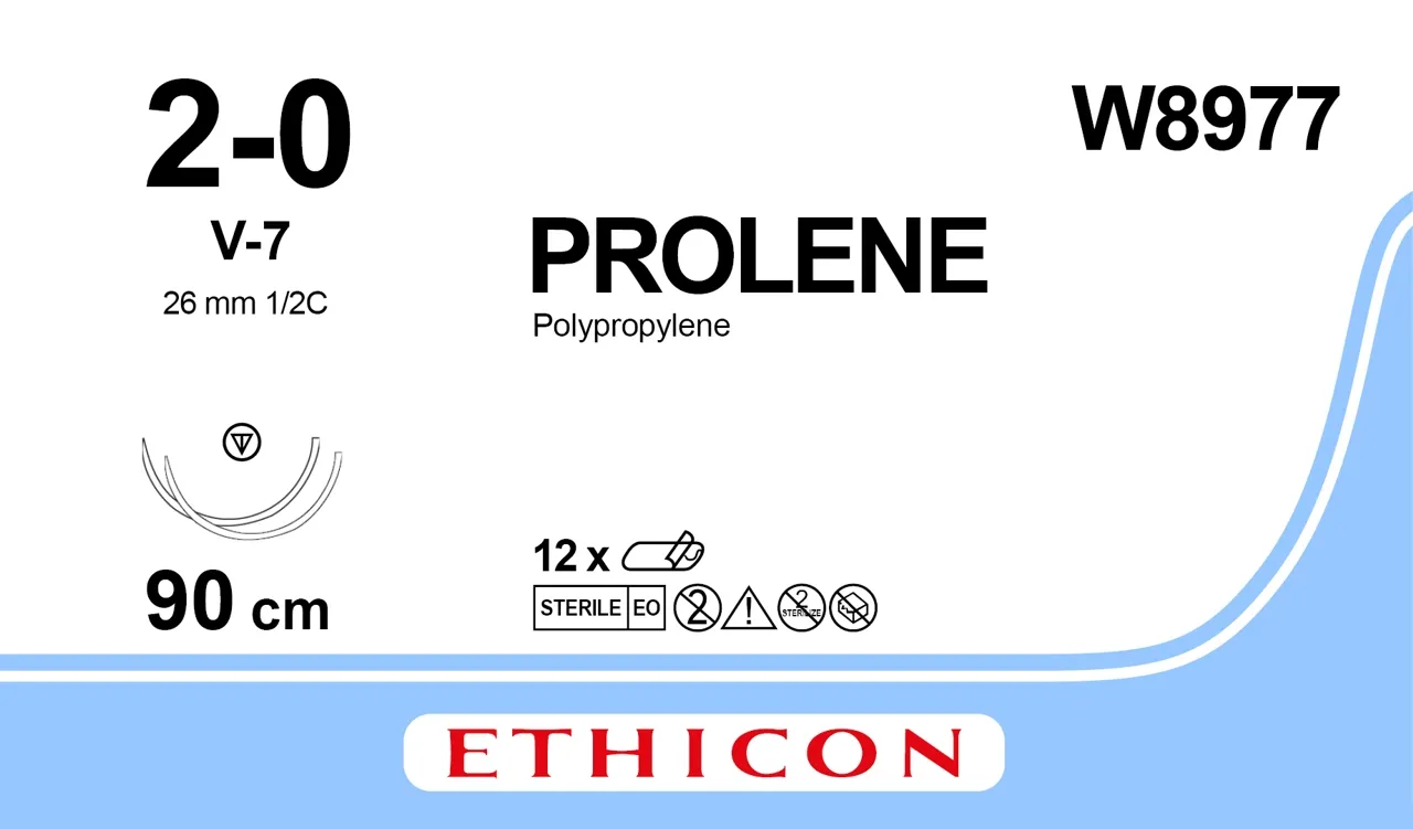 Ethicon Prolene Sutures USP 2-0, 1/2 Circle Tapercut V-7 Double Needle W8977