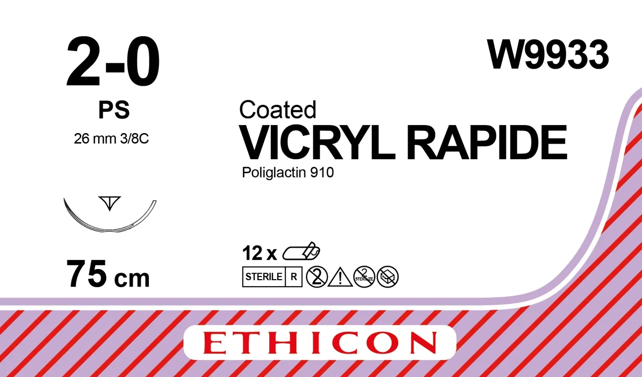 Ethicon Vicryl Rapide Sutures USP 2-0, 3/8 Circle Reverse Cutting Prime PS - W9933