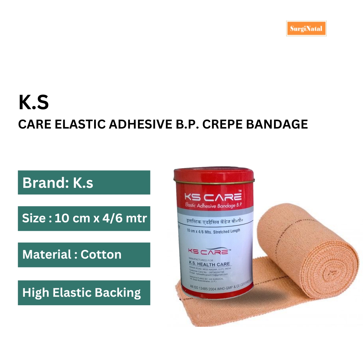 ks care elastic adhesive b.p. crepe bandage 10cm x 4/6 mts