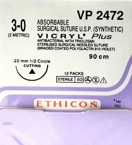 Ethicon Vicryl Plus Sutures USP 3-0, 1/2 Circle Round Body - VP2472