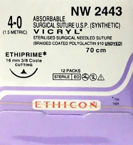 Ethicon Vicryl Plus Sutures USP 4-0 , 3/8 Circle Cutting Ethiprime - VP 2443