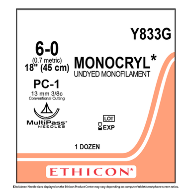 Ethicon Monocryl Sutures USP 6-0, Skki Needle Cutting Precision Cosmetic PC-1 MultiPass Prime - Y833G -12 Foils