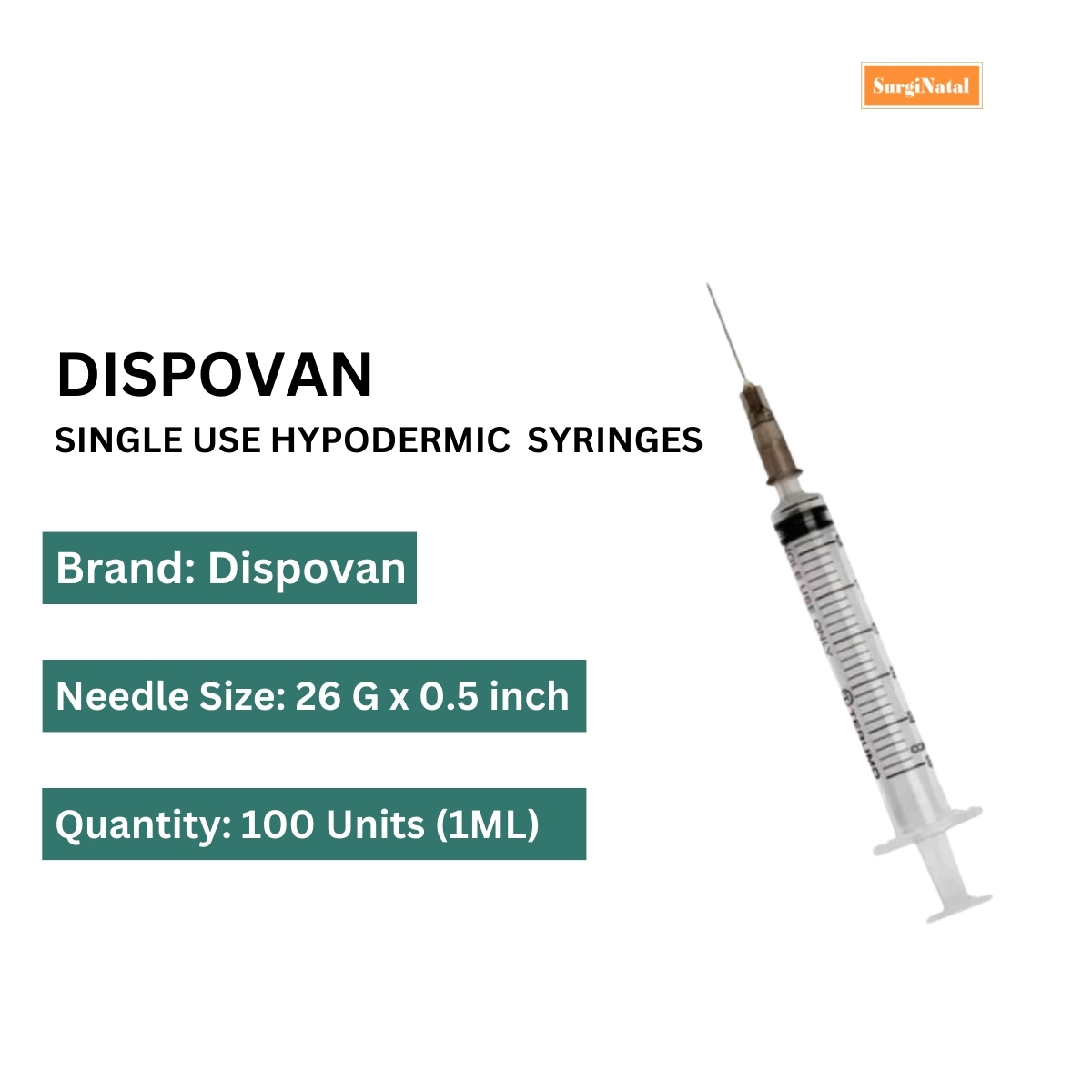 dispo van 1ml syringe with needle - 26g - 100 units pack